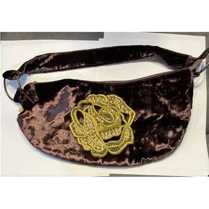 Brown Velvet Bag With Gold Beaded Rose. 13.5” X 7”. Zip closure vintage